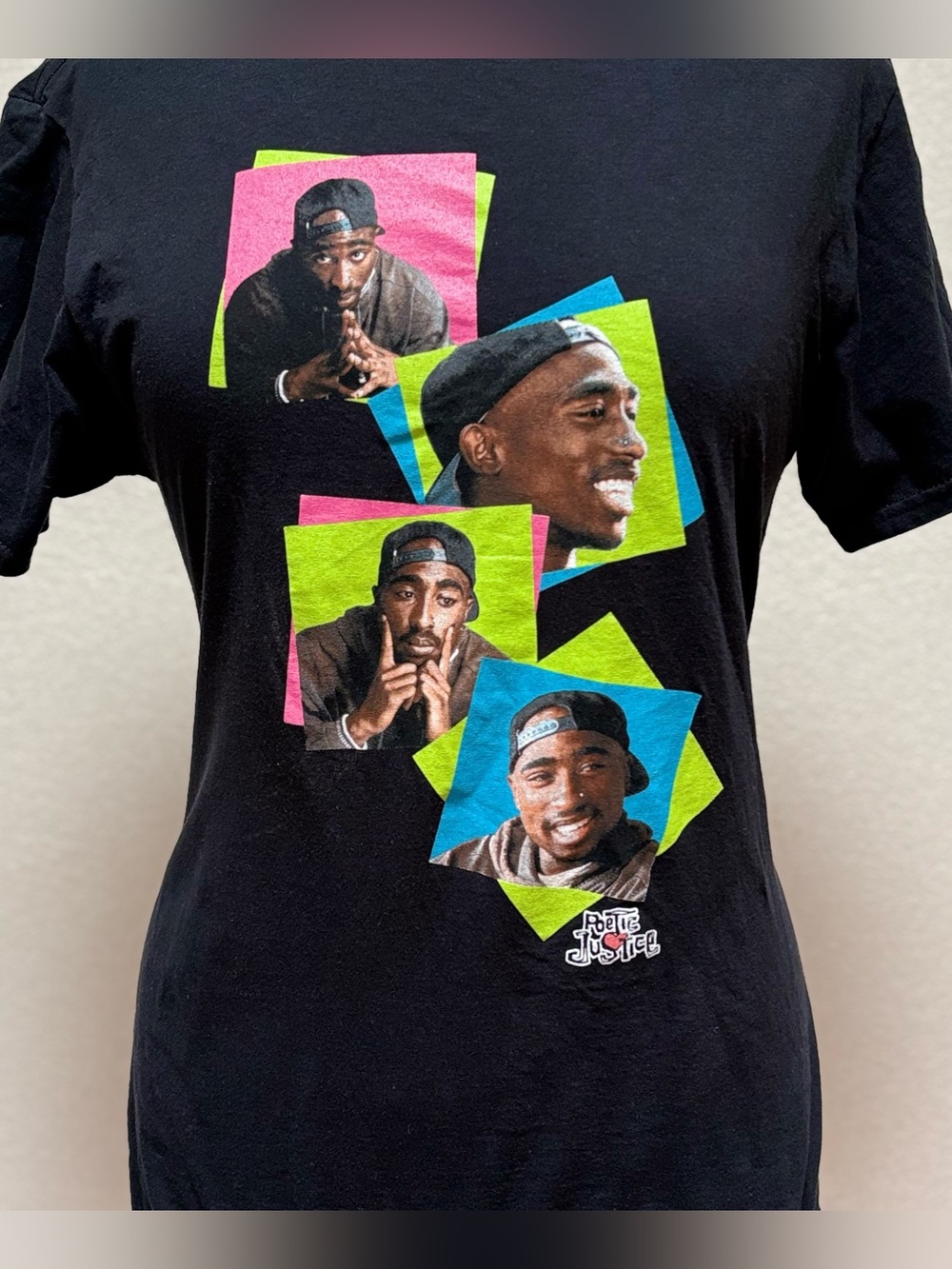 Black Short Sleeve Graphic Tee with Multicolor Portraits